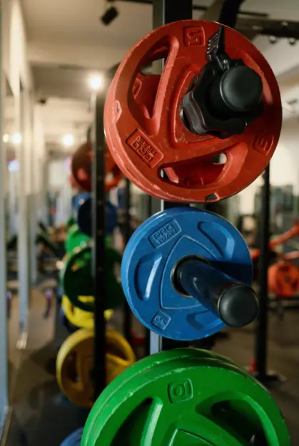 A rack of vibrant red, blue, green, and yellow weight plates in a gym—ideal for strength and conditioning and kinesiology personal training near me in Vancouver & Kitsilano to help you reach your fitness goals.