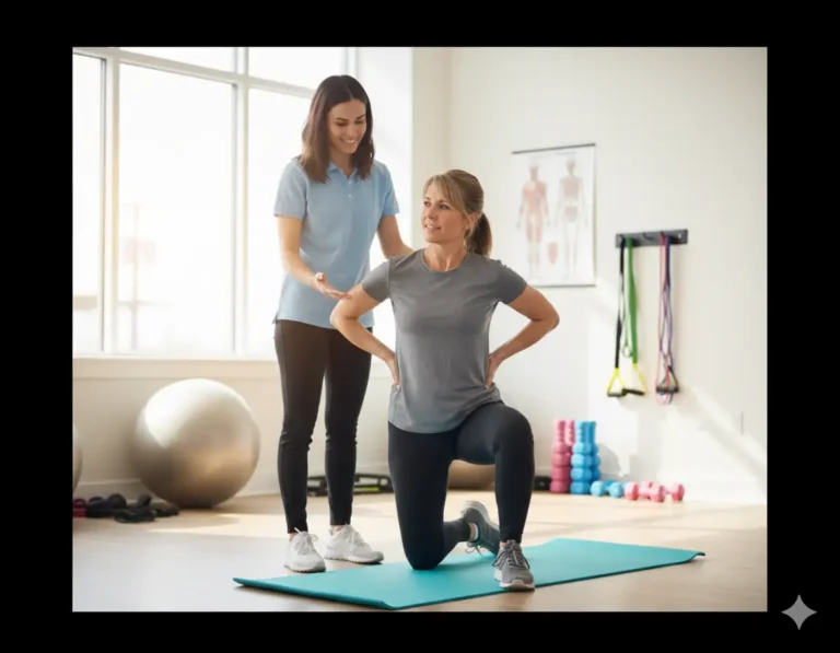Vancouver kinesiologist guiding a woman through active rehab exercises for lower back pain.