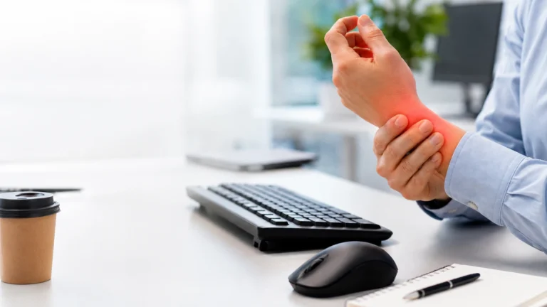 Carpal tunnel syndrome work modifications with wrist pain at an office desk, showing ergonomic keyboard and mouse setup for Active Rehab in Vancouver.