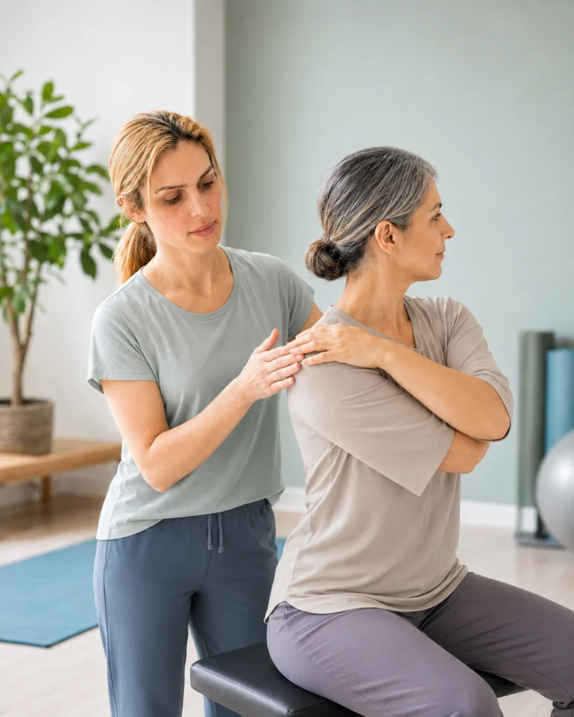 Vancouver Kinesiologist guiding a client through gentle shoulder mobility exercise for chronic pain management and active rehab.