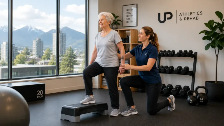 Kinesiologist helping an older adult with hip fracture recovery exercises in a Vancouver active rehab clinic.