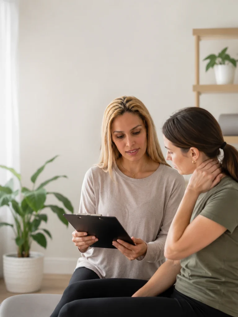 Vancouver Kinesiologist reviewing an ICBC active rehab plan with a client after a motor vehicle injury.