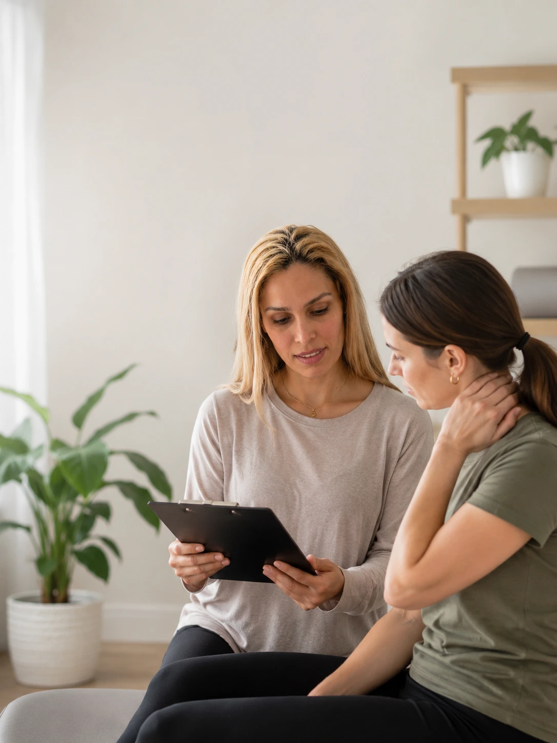 Vancouver Kinesiologist reviewing an ICBC active rehab plan with a client after a motor vehicle injury.