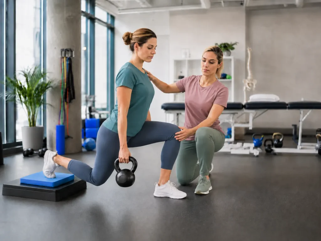 Clinical Kinesiology Active Rehab session showing a kinesiologist guiding a client through a supported lunge exercise with a kettlebell in a modern rehabilitation gym.