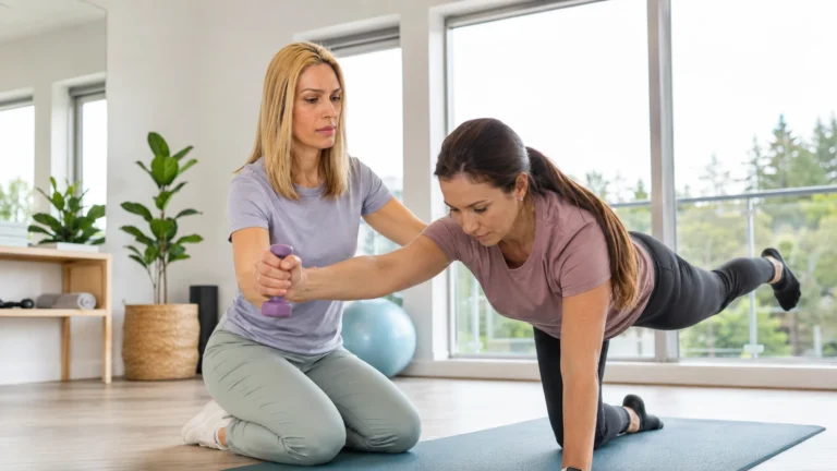Vancouver Kinesiologist guiding a client through Active Rehab exercises for pain management, core strength, balance, and injury rehabilitation in a bright studio.