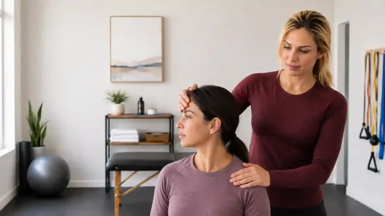 Kinesiologist in Vancouver assessing neck movement during Active Rehab for whiplash after a car accident.